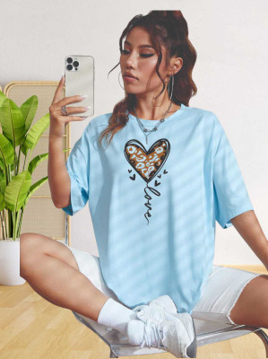 V-Mens Printed Women Round Neck Light Blue T-Shirt