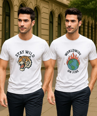 LAVENIR Printed Men Round Neck White T-Shirt