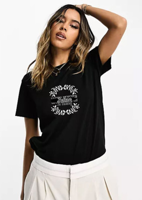 WOMENVY Printed, Typography Women Round Neck Black T-Shirt