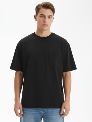 Glitchez Solid Men Round Neck Black T-Shirt