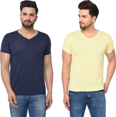 Adorbs Trend Solid Men V Neck Blue, Yellow T-Shirt