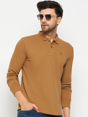 98 Degree North Solid Men Polo Neck Gold T-Shirt