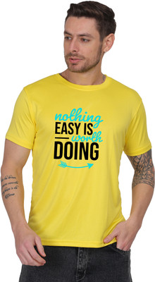 ZAYOKI Typography Men Round Neck Yellow T-Shirt