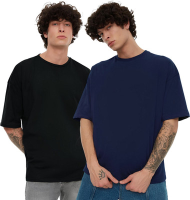 Peach Blossom Solid Men Round Neck Light Blue, Black T-Shirt