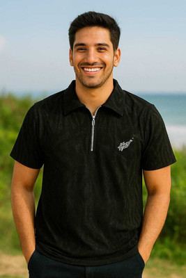 Om Enterprise Solid Men Zip Neck Reversible Black T-Shirt