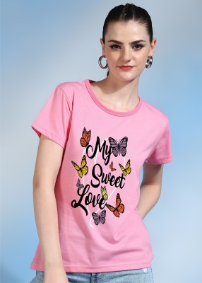 CHOZI Printed, Typography Women Round Neck Pink T-Shirt