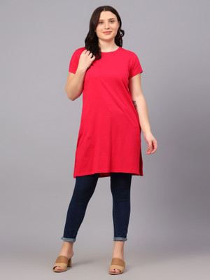 Fleximaa Solid Women Round Neck Pink T-Shirt