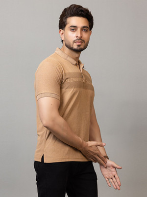RosyRains Printed Men Polo Neck Brown T-Shirt