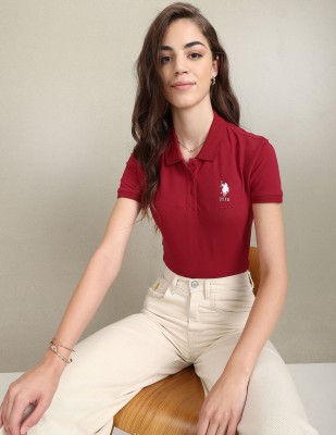 U.S. POLO ASSN. Self Design Women Polo Neck Red T-Shirt