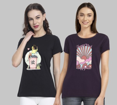 METRONAUT Printed Women Round Neck Black, Purple T-Shirt