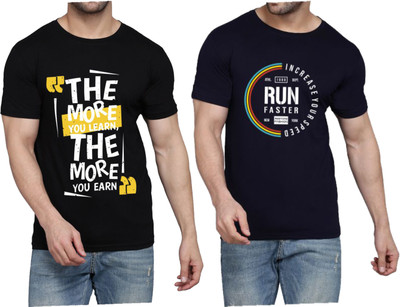 WOOSTRO Printed Men Round Neck Black, Dark Blue T-Shirt
