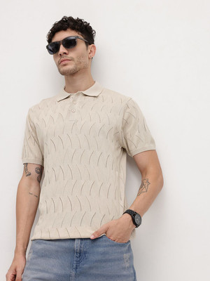 Roadster Self Design Men Polo Neck Beige T-Shirt