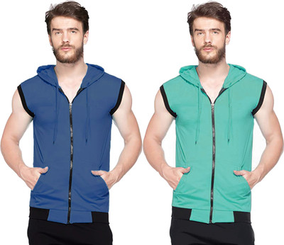 Adorbs Solid Men Hooded Neck Dark Blue, Light Green T-Shirt