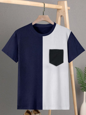 TANNU FAB Self Design Men Boat Neck Blue T-Shirt