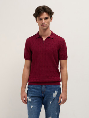THE BEAR HOUSE Self Design Men Polo Neck Maroon T-Shirt