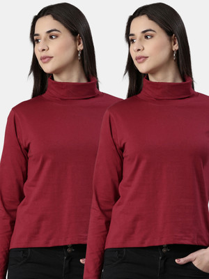 Kryptic Solid Women High Neck Maroon T-Shirt
