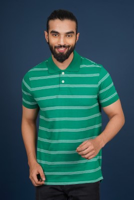 Hopping Deer on Redline Striped Men Polo Neck Green, White T-Shirt