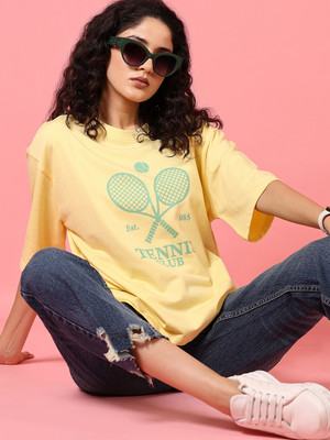 V-MART Printed Women Round Neck Yellow T-Shirt
