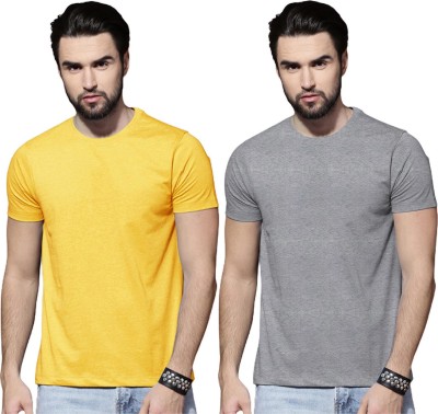 LazyChunks Solid Men Round Neck Yellow, Grey T-Shirt