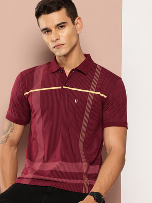 UNIBERRY Striped Men Polo Neck Maroon T-Shirt