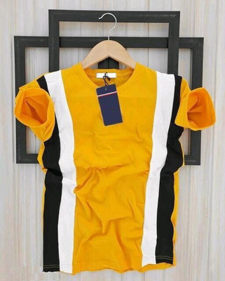 Try This Self Design Men Round Neck Yellow T-Shirt