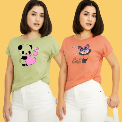 Kintu Parantu Printed Women Round Neck Green, Pink T-Shirt