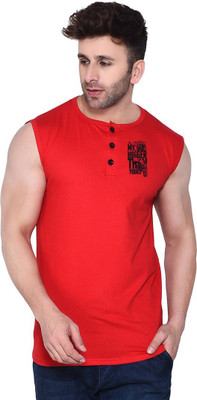 GEUM Graphic Print Men Henley Neck Red T-Shirt
