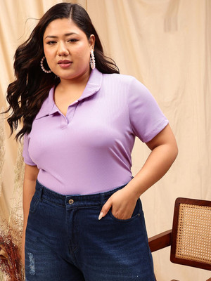 CURVY STREET Solid Women V Neck Purple T-Shirt