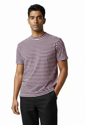 Glitchez Striped Men Round Neck Brown T-Shirt