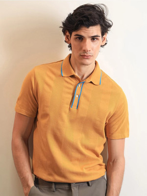 RARE RABBIT Solid Men Polo Neck Yellow T-Shirt