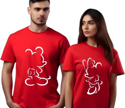 Story Of Style Printed Couple Round Neck Red T-Shirt