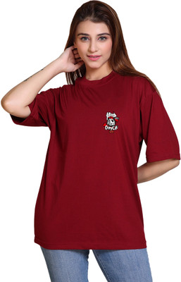 AZF Printed, Typography Women Round Neck Maroon T-Shirt