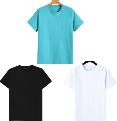 P collection Solid Men Round Neck Light Blue, Black, White T-Shirt