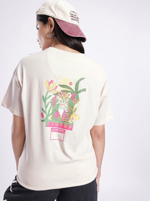 Glitchez Printed Women Round Neck Beige T-Shirt