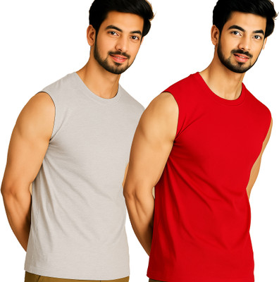 Jangoboy Solid Men Round Neck Grey, Red T-Shirt