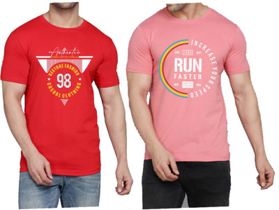 WOOSTRO Printed Men Round Neck Red, Pink T-Shirt
