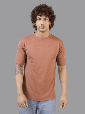 I&D Solid Men Round Neck Brown T-Shirt
