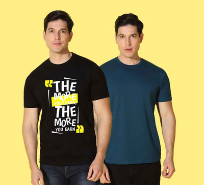 WOOSTRO Printed, Solid Men Round Neck Blue, Black T-Shirt