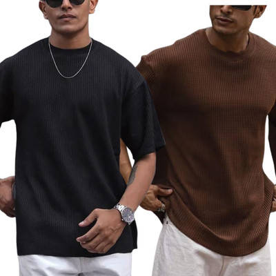 Ppenterises Solid Men Round Neck Black, Brown T-Shirt