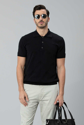 Harmonious Solid Men Polo Neck Black T-Shirt