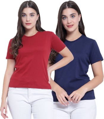 MARIAM ENTERPRISE Solid Women Round Neck Maroon, Navy Blue T-Shirt