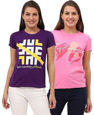 FEDAMSEL Printed, Typography Women Round Neck Pink, Purple T-Shirt