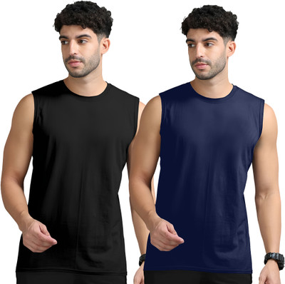 Adorbs Solid Men Round Neck Black, Dark Blue T-Shirt