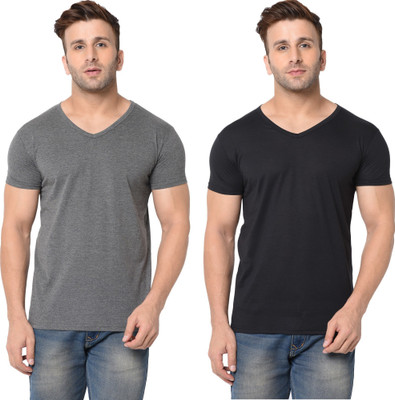 Tresna Trending Solid Men V Neck Black, Grey T-Shirt