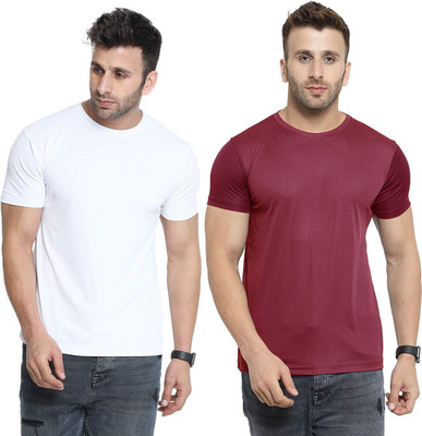 RIVAAZ Collections Solid Men Round Neck White, Maroon T-Shirt