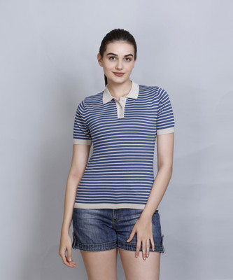 PULAKIN Striped Women Polo Neck Beige T-Shirt