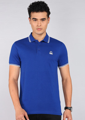 United Colors of Benetton Solid Men Polo Neck Blue T-Shirt
