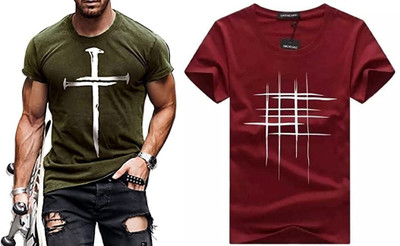 ATTITUDE START OF FASHION Printed Men Round Neck Maroon, Black T-Shirt