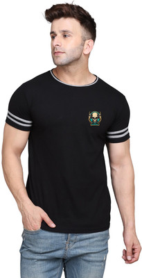Money Leaf Striped Men Round Neck Black T-Shirt