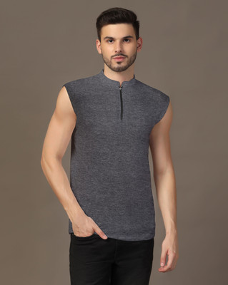 GEUM Solid Men Mandarin Collar Grey T-Shirt